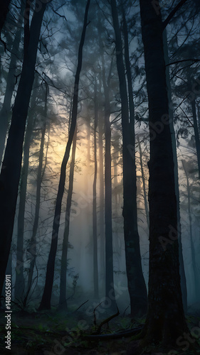 A mysterious forest at dusk, with shafts of light piercing through the fog, ancient ruins barely visible among the trees, painted in a dark cinematic fantasy style.

