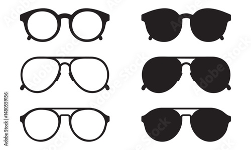 Vector Silhouettes of Eyeglasses and Sunglasses – Collection of Round, Aviator, and Retro Frame Glasses Set Isolated on White Background