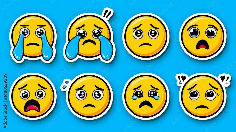 Nine Sad Yellow Emoticon Stickers - Collection of nine yellow emoticon stickers expressing sadness, tears, and worry. Symbolizing loneliness, grief, disappointment, dejection Nine Sad Yellow Emoticon Stickers - Collection of nine yellow emoticon stickers expressing sadness, tears, and worry. Symbolizing loneliness, grief, disappointment, dejection
