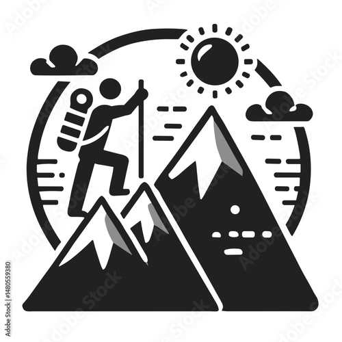 Mountain climber ascending peak with sun and clouds in background  