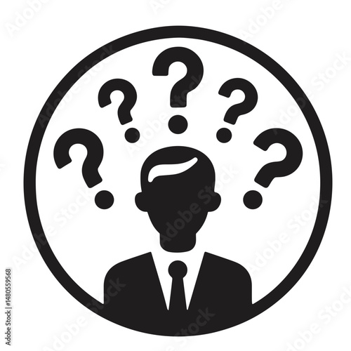 Man in suit with question marks symbolizing uncertainty  