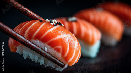 Fresh sushi rolls prepared with salmon and rice, held with chopsticks, showcasing vibrant colors and textures in dim lighting