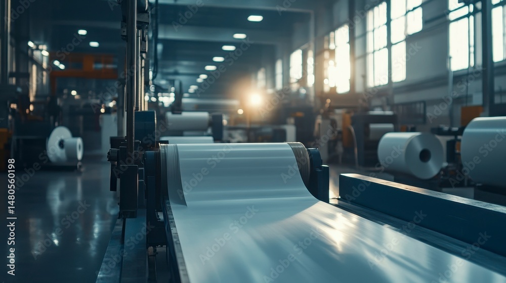Fototapeta premium Modern factory interior with industrial machinery and large rolls of white material processing.