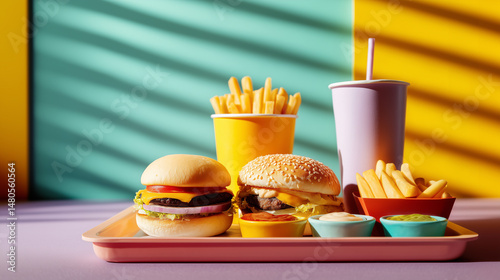 Delicious burgers and fries served in colorful setting at a fast food restaurant during bright afternoon