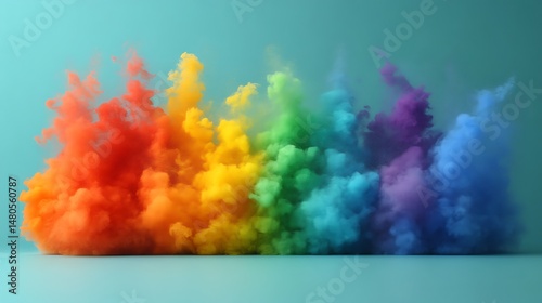 Vibrant rainbow colored smoke plumes against a teal background.