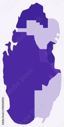Map of Qatar with regions. Just a simple country border map with region division. Deep purple color palette. Flat Qatar shape with administrative division. Vector illustration.