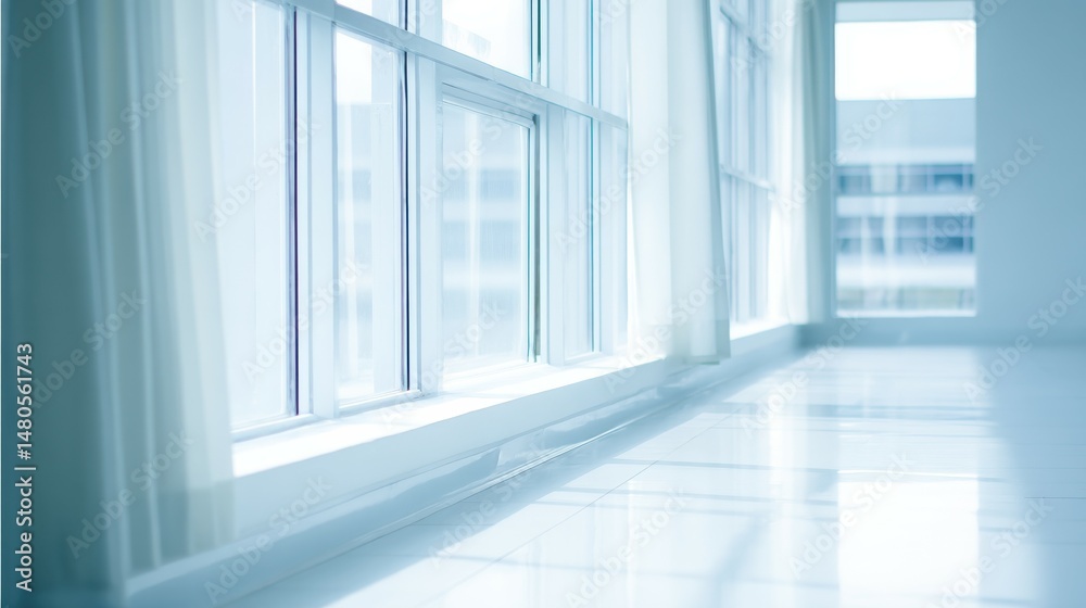 Obraz premium Sunlight illuminating empty room through large windows with curtains