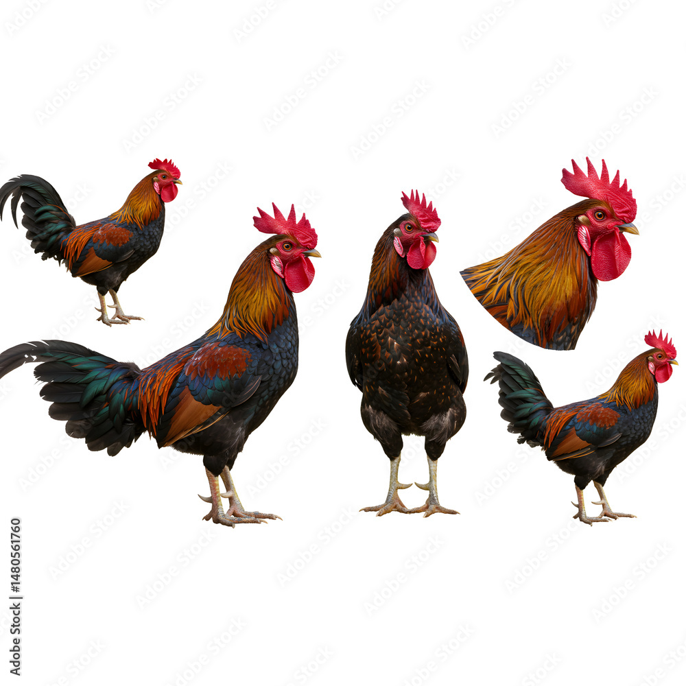 Fototapeta premium Rooster chicken farm animal poultry fowl cock crowing agriculture livestock domestic bird rural ornithology on transparent background