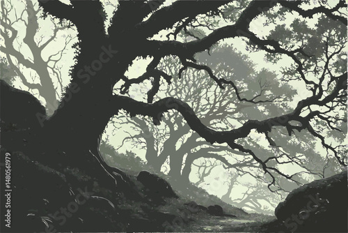 50 twisted gnarled tree branches, thick foliage, vines, mossy textures, dark tones, dramatic lighting, fantasy, digital art