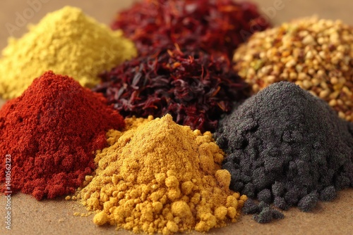 A colorful assortment of powdered spices in small heaps, offering a diverse range of culinary flavors, enhancing any dish with their vibrant hues and aromas.