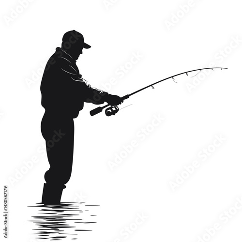 Silhouette of a Fisherman Casting a Rod