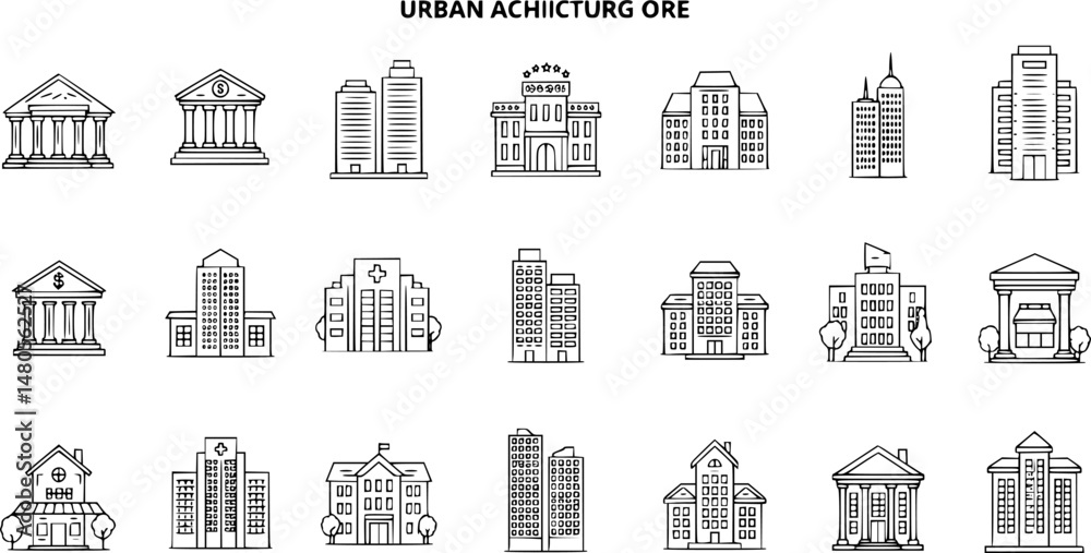 Fototapeta premium Bank, Hotel, Courthouse. Buildings line icons. City, Real estate, Architecture buildings icons. Hospital, town house, museum. Urban architecture, city skyscraper, downtown. Vector