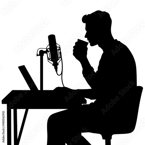 Silhouette of person sipping coffee while editing podcast audio, creative workflow in content production, audio focus