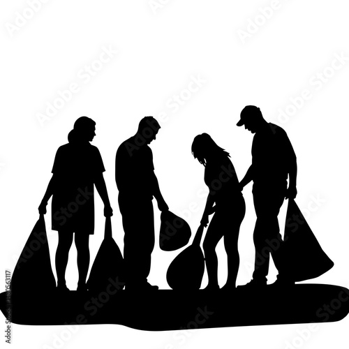 Silhouette of group cleaning park with trash bags, environmental sustainability initiative
