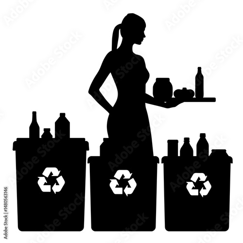 Silhouette of person sorting plastics into recycling bins, eco-conscious material separation and waste management