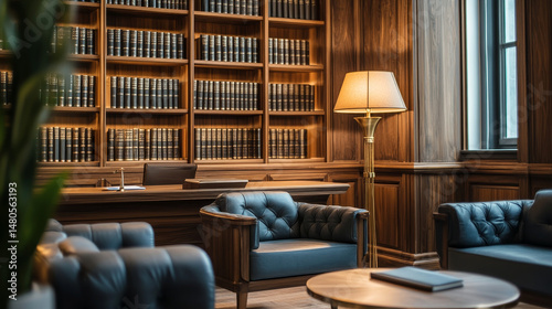 A softly blurred scene of a stylish law office, showcasing a traditional wooden desk, cozy seating, and towering bookshelves filled with legal volumes, creating an inviting and refined environment.  photo