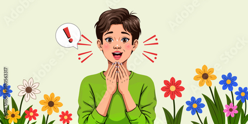 Young boy expressing excitement while surrounded by colorful flowers  