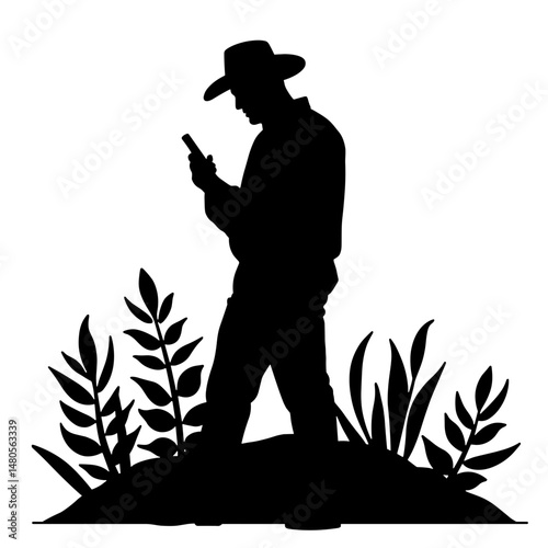 Silhouette of farmer checking weather app on smartphone, concept mobility and AgTech integration