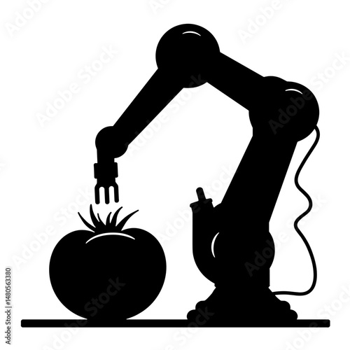 Silhouette of robotic arm harvesting tomato, agricultural automation and AgTech efficiency in crop cultivation