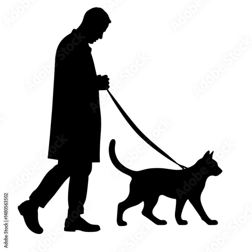 Silhouette of man walking cat on leash, pet wellness and lifestyle concept