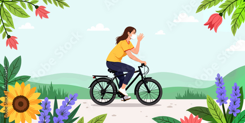 Young woman riding bicycle and waving in a vibrant floral landscape  