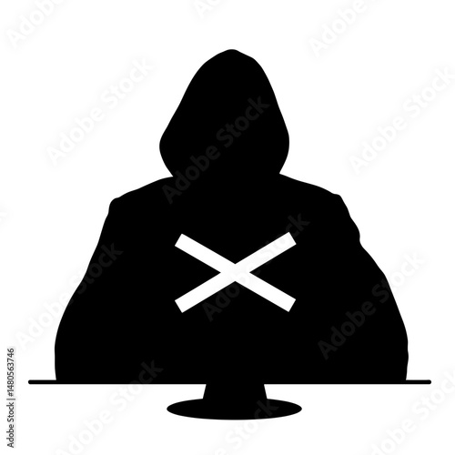 Silhouette of hacker with crossed-out alert, cybersecurity threat concept, hacking prevention and network protection