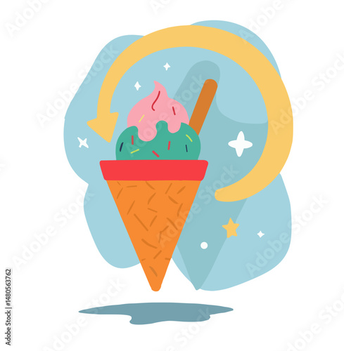 Colorful ice cream cone with sprinkles against a stylized background  