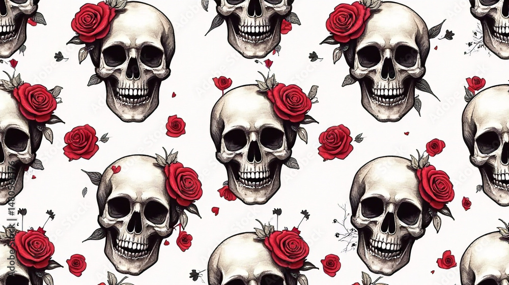 Fototapeta premium Neo-traditional seamless pattern with skulls and roses in black and red