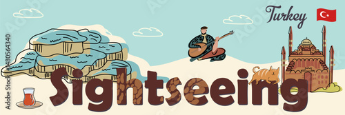 Text sightseeing in Turkey. The concept of Turkey, Istanbul, Turkish landmarks. Hand drawn vector line illustration.