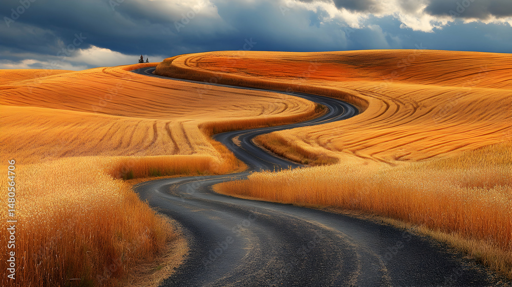Fototapeta premium Winding road through a golden field under a dramatic cloudy sky.