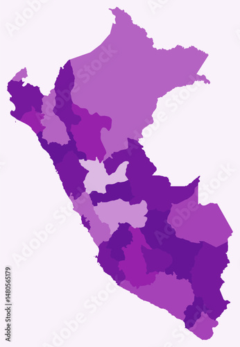 Map of Peru with regions. Just a simple country border map with region division. Purple color palette. Blank Peru shape with administrative division. Vector illustration.