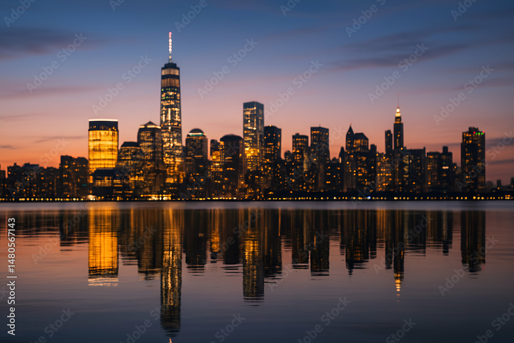 Obraz premium Stunning city skyline at sunset with reflections.