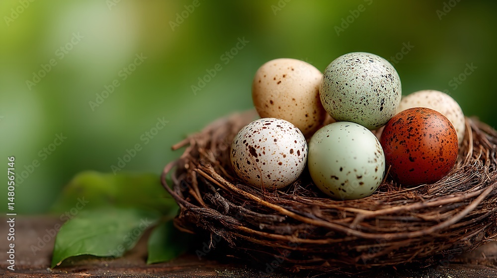 Close-Up of Brown Eggs Resting in a Straw Nest on Green Backdrop, Natural Organic Food Concept with Space for Copy Close-Up of Brown Eggs Resting in a Straw Nest on Green Backdrop, Natural Organic Food Concept with Space for Copy
