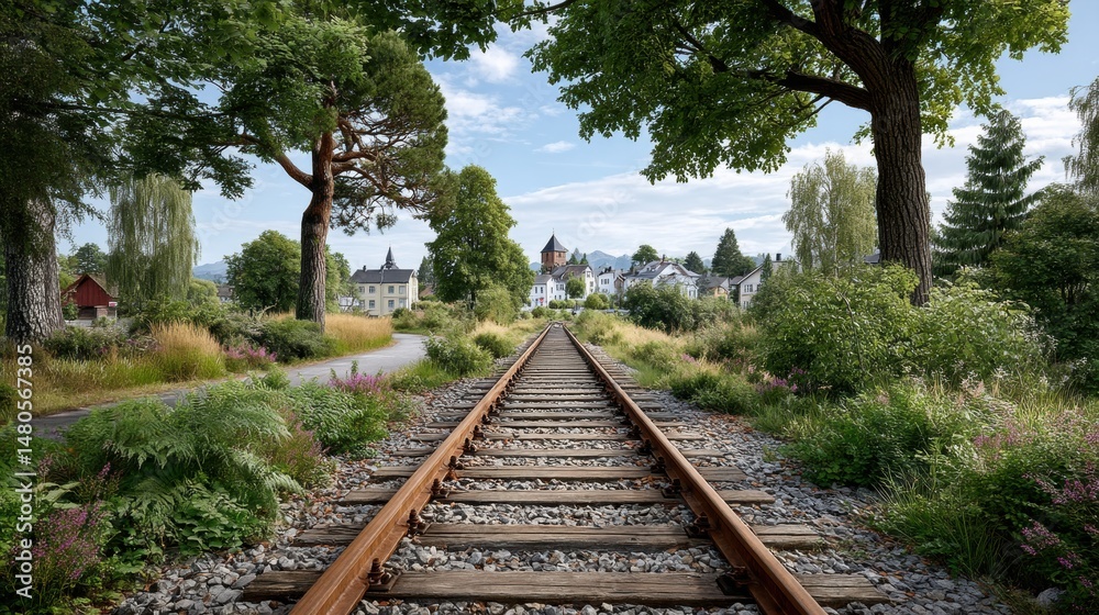 Fototapeta premium Serene Abandonment: Overgrown Train Track in Quiet Rural Town