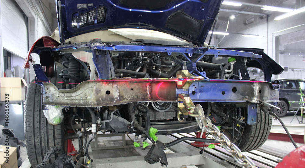 custom made wallpaper toronto digitalFrame and Parts of Disassembled Front End of Car on Auto Slipway for Chassis Repair. Damaged Car on an Auto Body Tilt Stand Detailed View