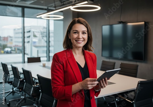 Businesswoman with tablet in modern conference room, smiling at camera
