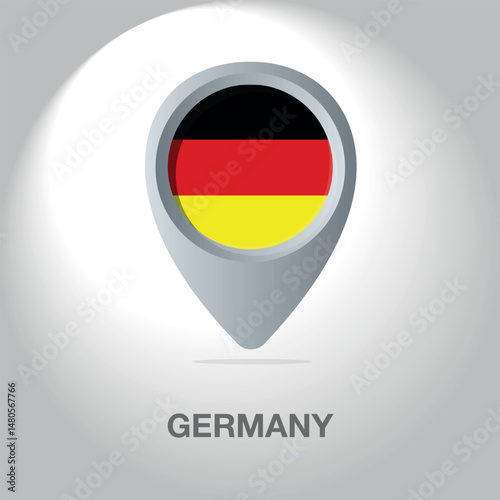 Vector illustration of the German flag inside the pin icon on the map. A symbolic location marker with the national colors of Germany on a white background.