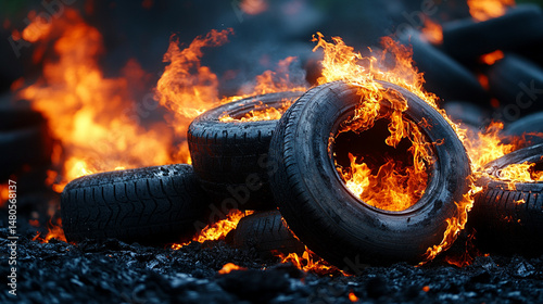A pile of burning tires emitting flames, fire, and smoke, representing an environmental hazard. The toxic fumes released from the tire fire highlight the critical issues of pollution, waste management