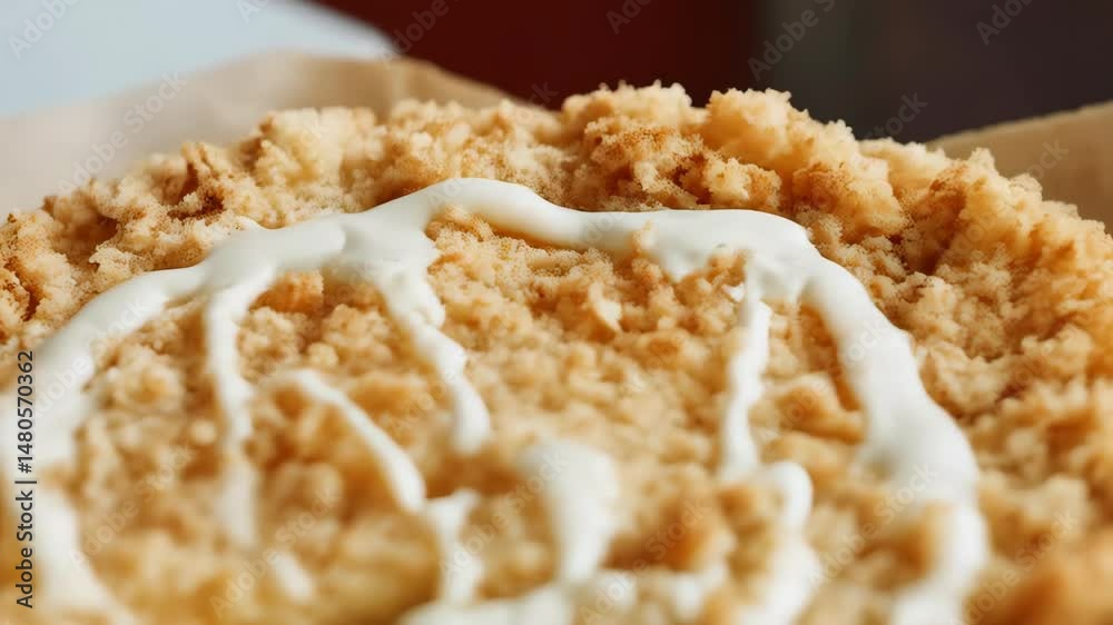 Close-up of a homemade crumb cake drizzled with white icing, showing creamy interior, baked dessert, breakfast, sweet treat, and delicious food.