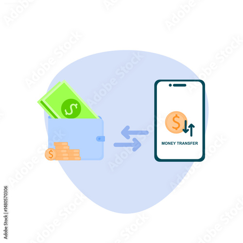 Cash and smart phone money transfer, flat style. Online payment concept, money transaction, make money, financial savings.