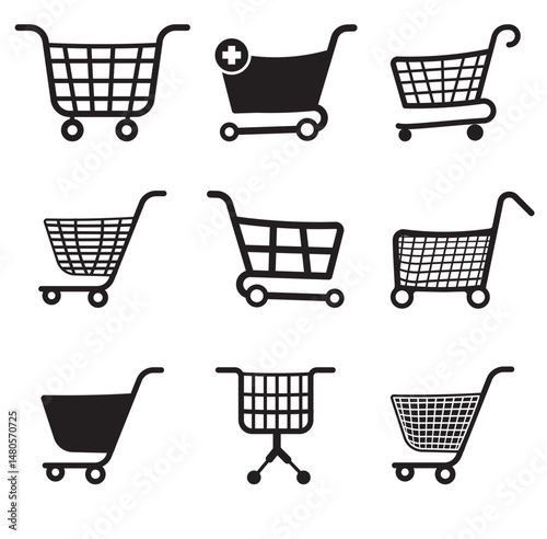This set features various shopping cart icons symbols of online commerce and retail purchase often used in web design to represent the act of buying and adding items to a virtual basket for market t
