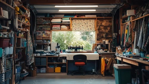 A well-organized sewing studio in a converted garage, showcasing abundant fabrics, sewing machines, and crafting supplies.