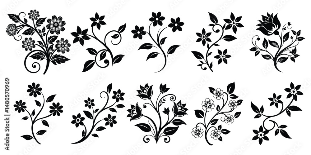 Fototapeta premium Set of black silhouettes of flowers