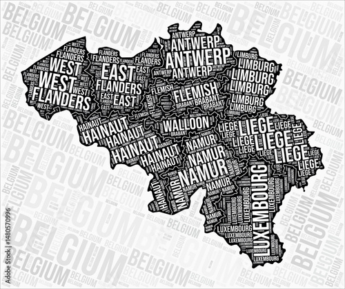 Belgium regions map word cloud. Belgium region names. Black and white map design. Awesome vector illustration.