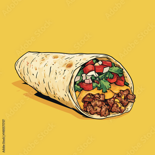 Delicious burrito on vibrant yellow background