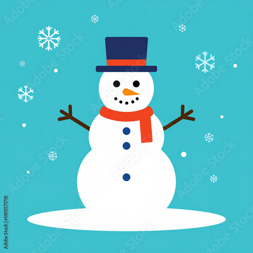 Minimalist snowman in flat vector design with scarf and carrot nose