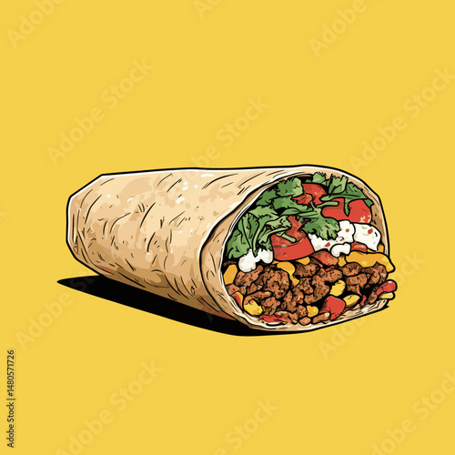 Delicious burrito on vibrant yellow background