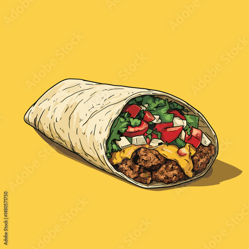 Delicious burrito on vibrant yellow background