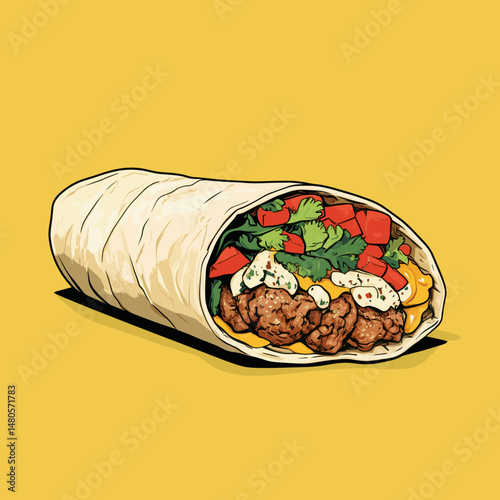 Delicious burrito on vibrant yellow background