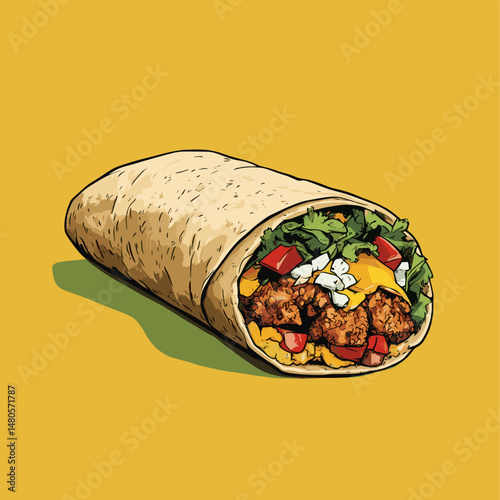 Delicious burrito on vibrant yellow background